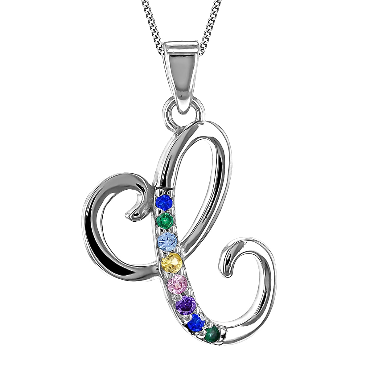 Multi Cubic Zircona Script C Initial Pendant in Sterling Silver