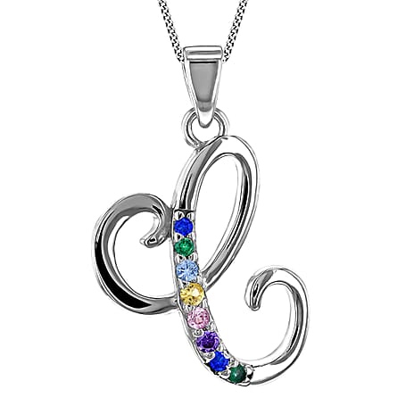 Multi Cubic Zircona Script C Initial Pendant in Sterling Silver