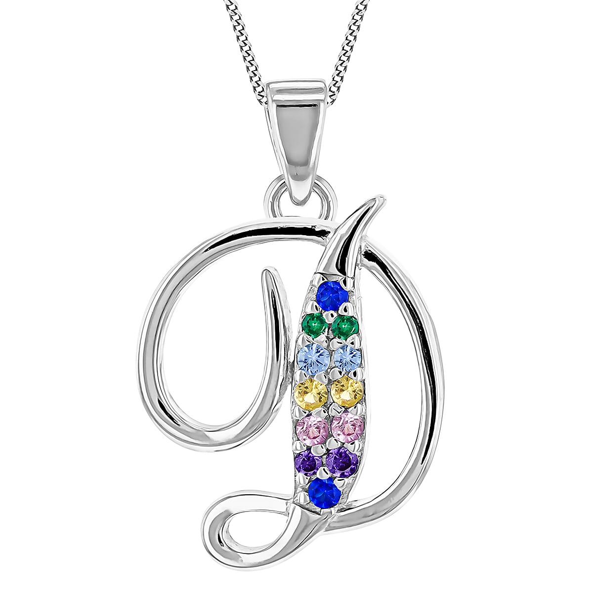 Multi Cubic Zircona Script D Initial Pendant in Sterling Silver