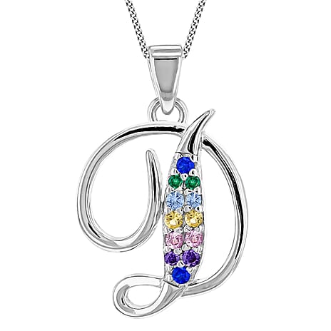 Multi Cubic Zircona Script D Initial Pendant in Sterling Silver