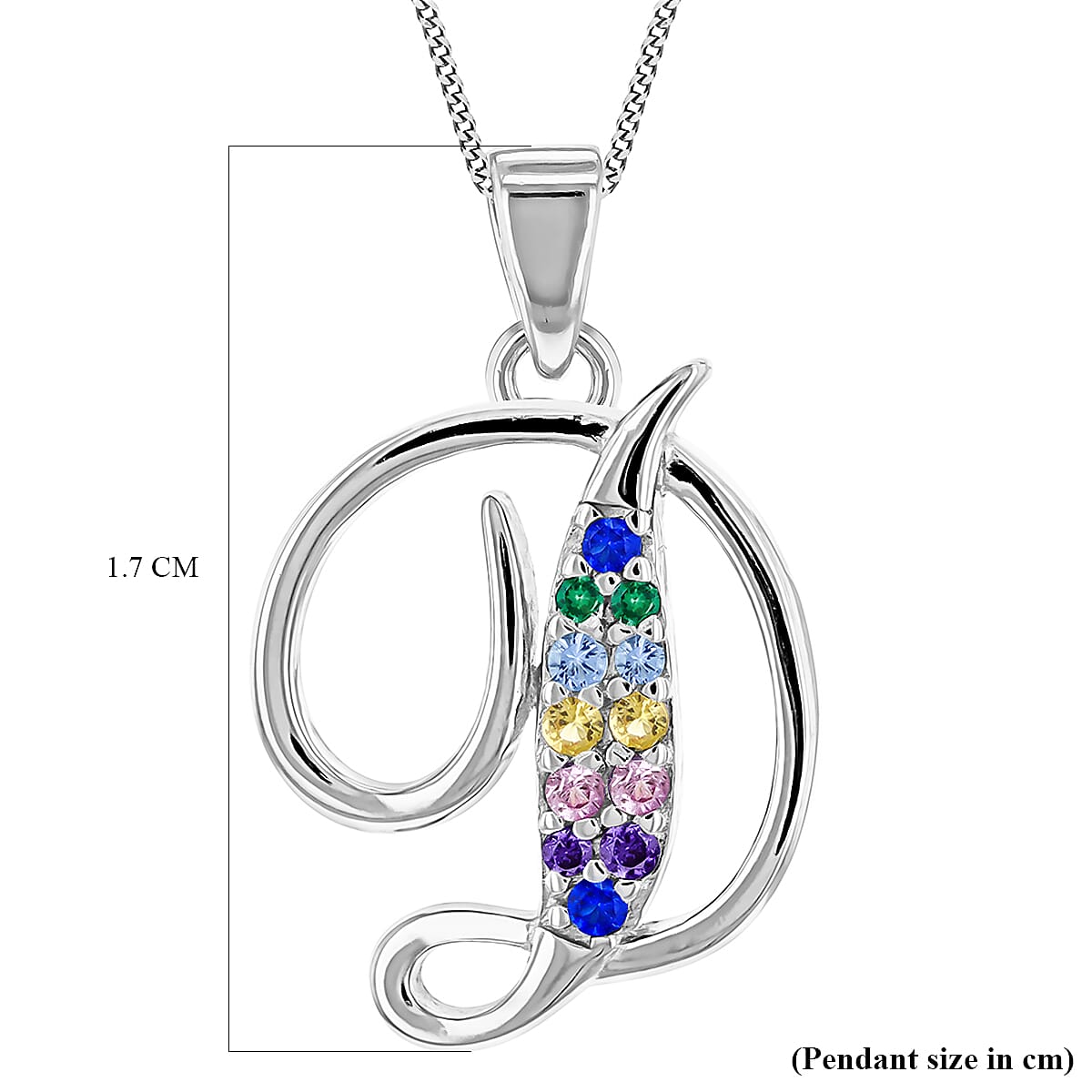 Multi Cubic Zircona Script D Initial Pendant in Sterling Silver