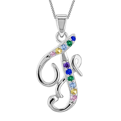 Multi Cubic Zircona Script F Initial Pendant in Sterling Silver