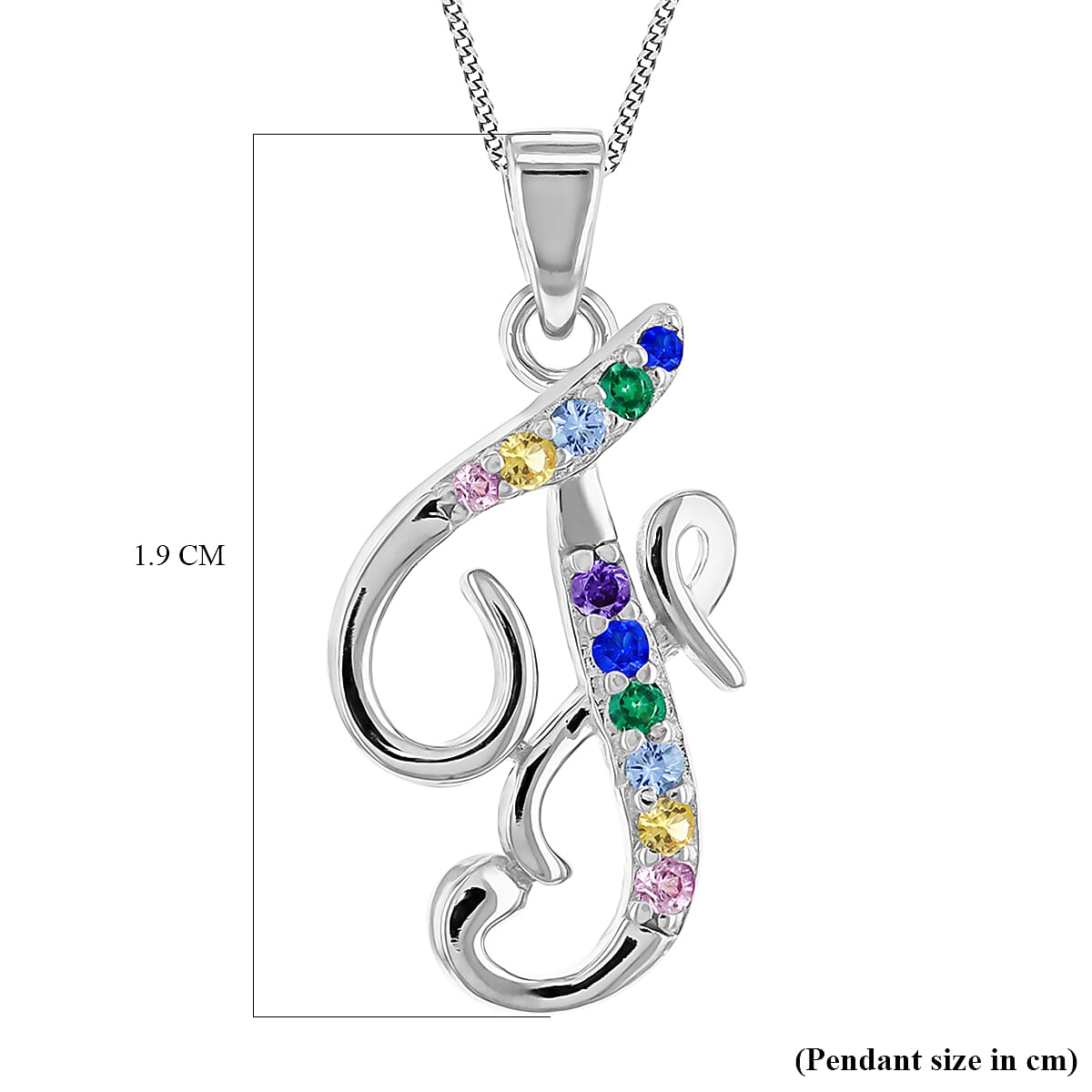 Multi Cubic Zircona Script F Initial Pendant in Sterling Silver