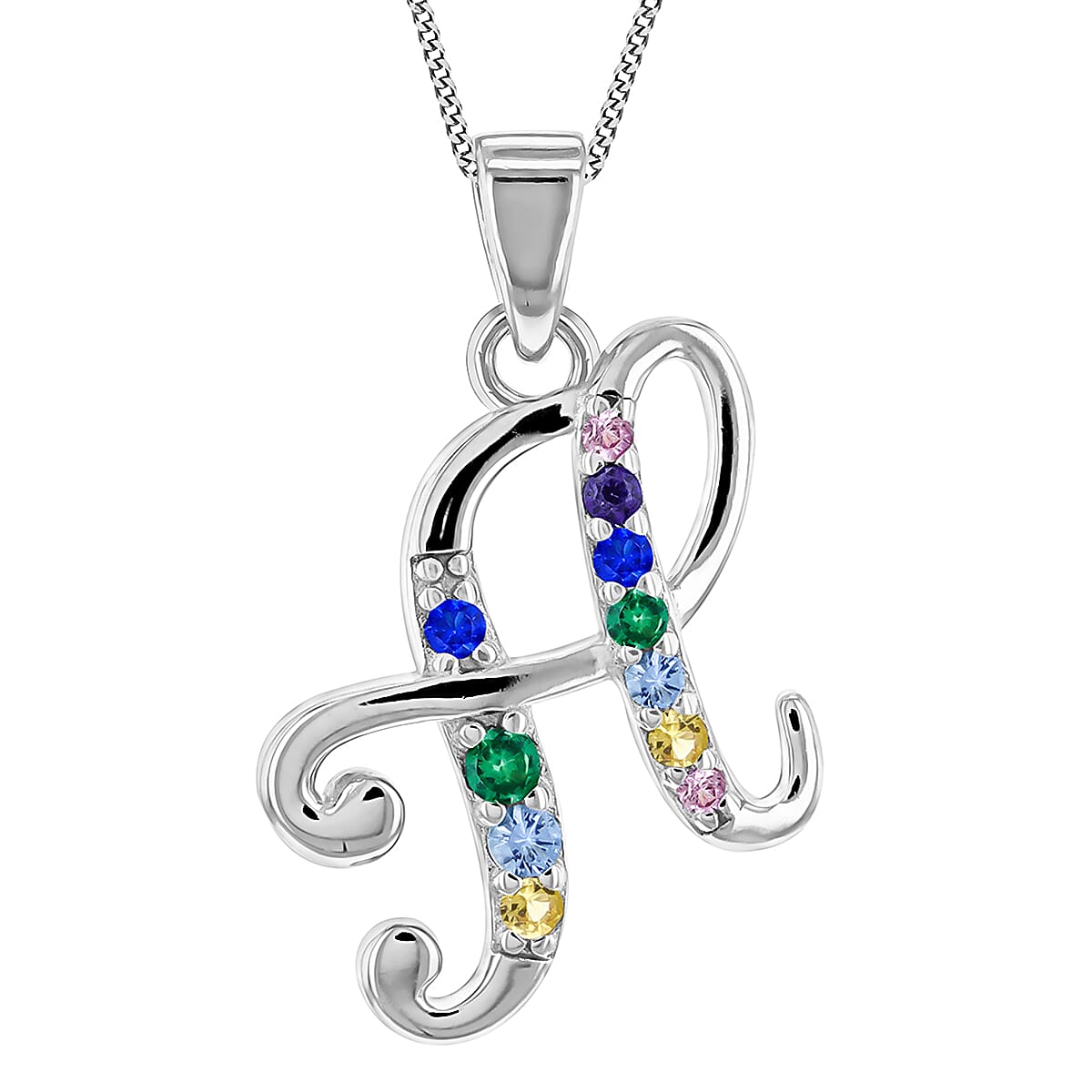Multi Cubic Zircona Script H Initial Pendant in Sterling Silver