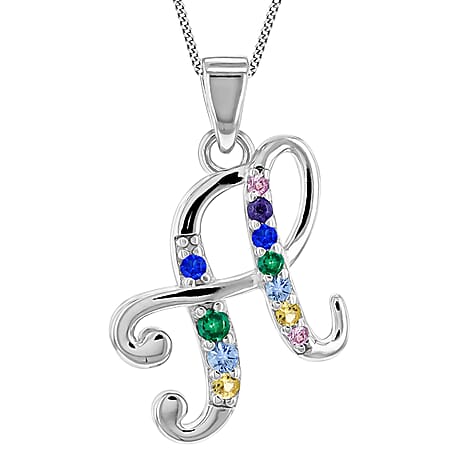 Multi Cubic Zircona Script H Initial Pendant in Sterling Silver