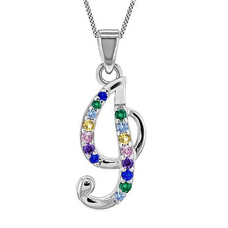Multi Cubic Zircona Script I Initial Pendant in Sterling Silver