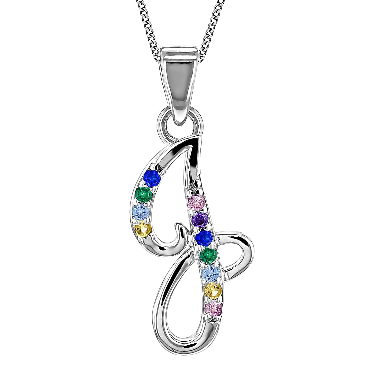 Multi Cubic Zircona Script J Initial Pendant in Sterling Silver