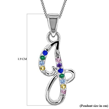 Multi Cubic Zircona Script J Initial Pendant in Sterling Silver