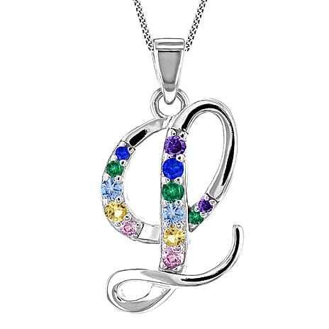 Multi Cubic Zircona Script L Initial Pendant in Sterling Silver