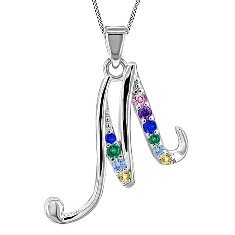 Multi Cubic Zircona Script M Initial Pendant in Sterling Silver