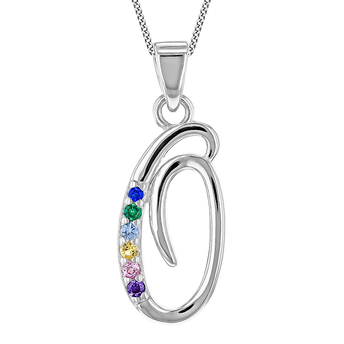 Multi Cubic Zircona Script O Initial Pendant in Sterling Silver