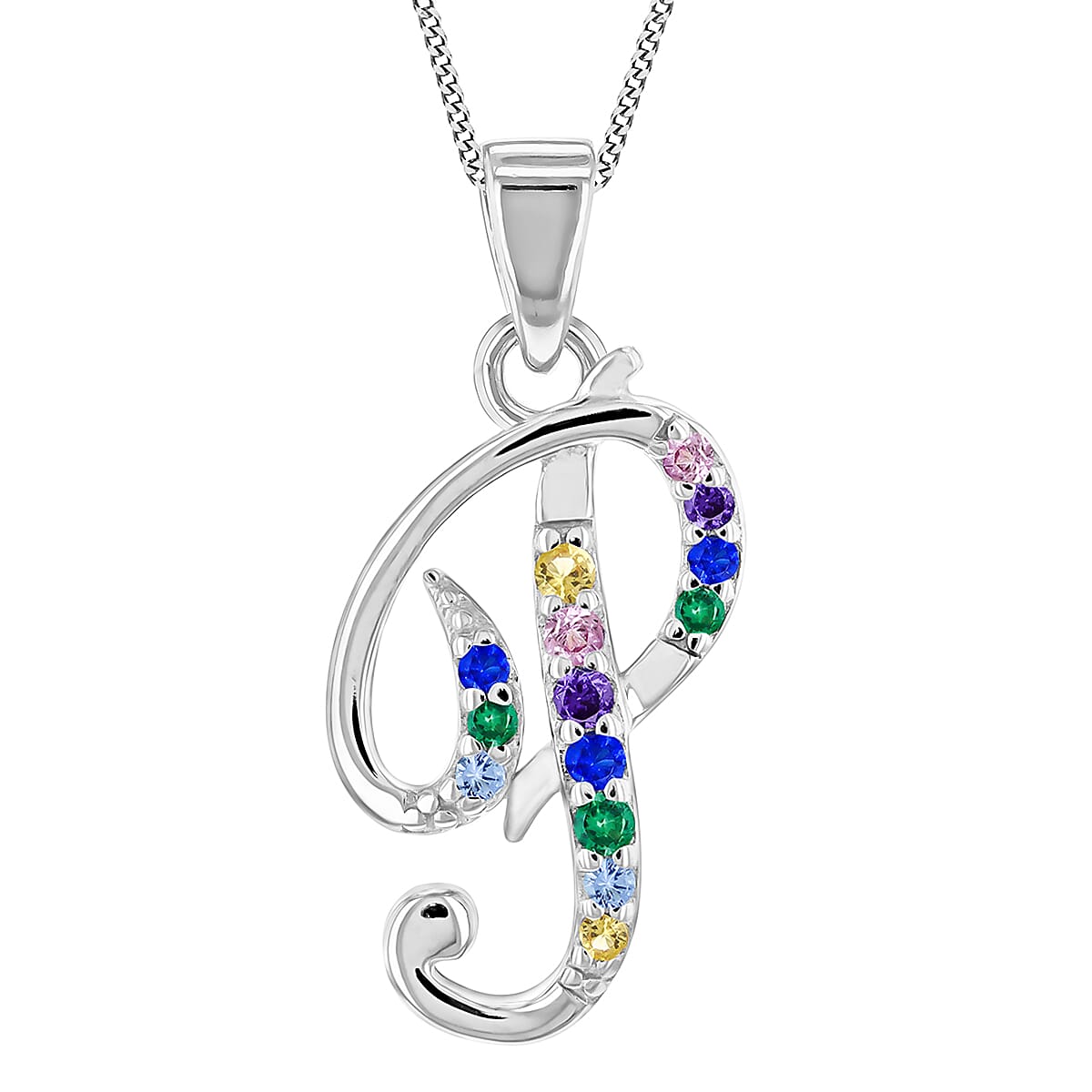 Multi Cubic Zircona Script P Initial Pendant in Sterling Silver