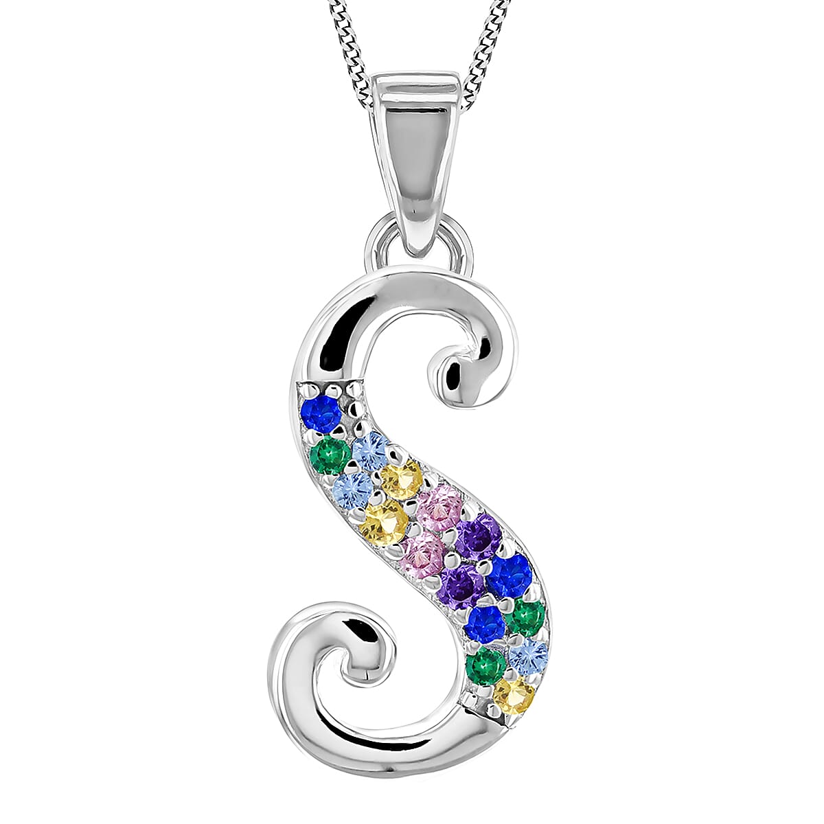 Multi Cubic Zircona Script S Initial Pendant in Sterling Silver