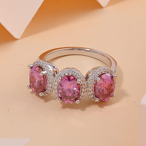 Pink & White Moissanite Ring in Rhodium Overlay Sterling Silver 4.38 Ct