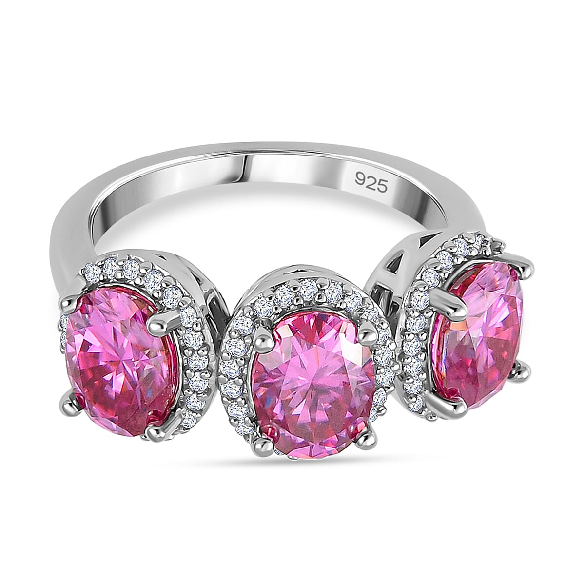 4.4 Ct. Pink Moissanite Halo, Trilogy Ring in Rhodium Sterling Silver