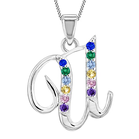 Multi Cubic Zircona Script U Initial Pendant in Sterling Silver