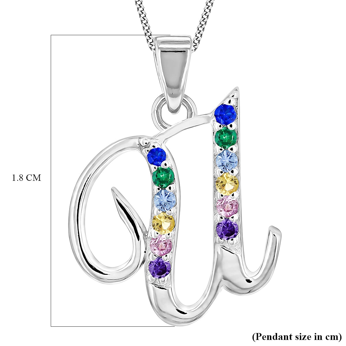 Multi Cubic Zircona Script U Initial Pendant in Sterling Silver