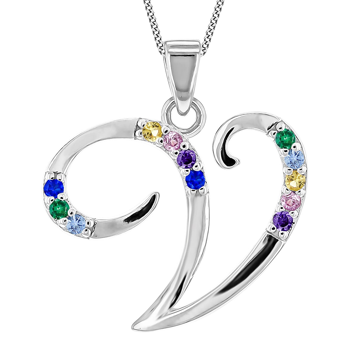Multi Cubic Zircona Script V Initial Pendant in Sterling Silver