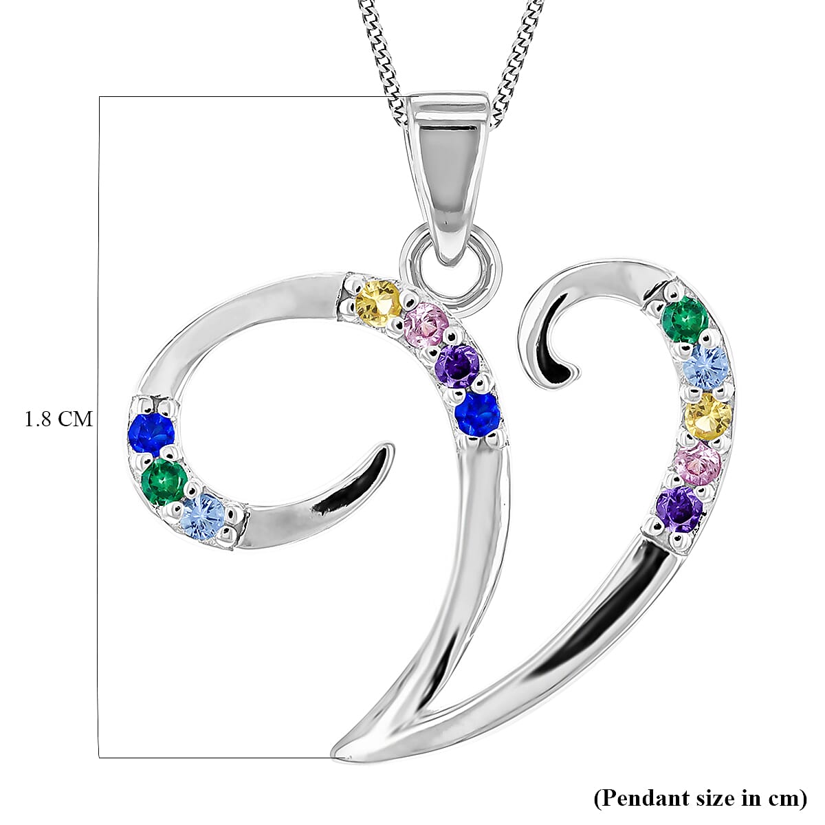 Multi Cubic Zircona Script V Initial Pendant in Sterling Silver