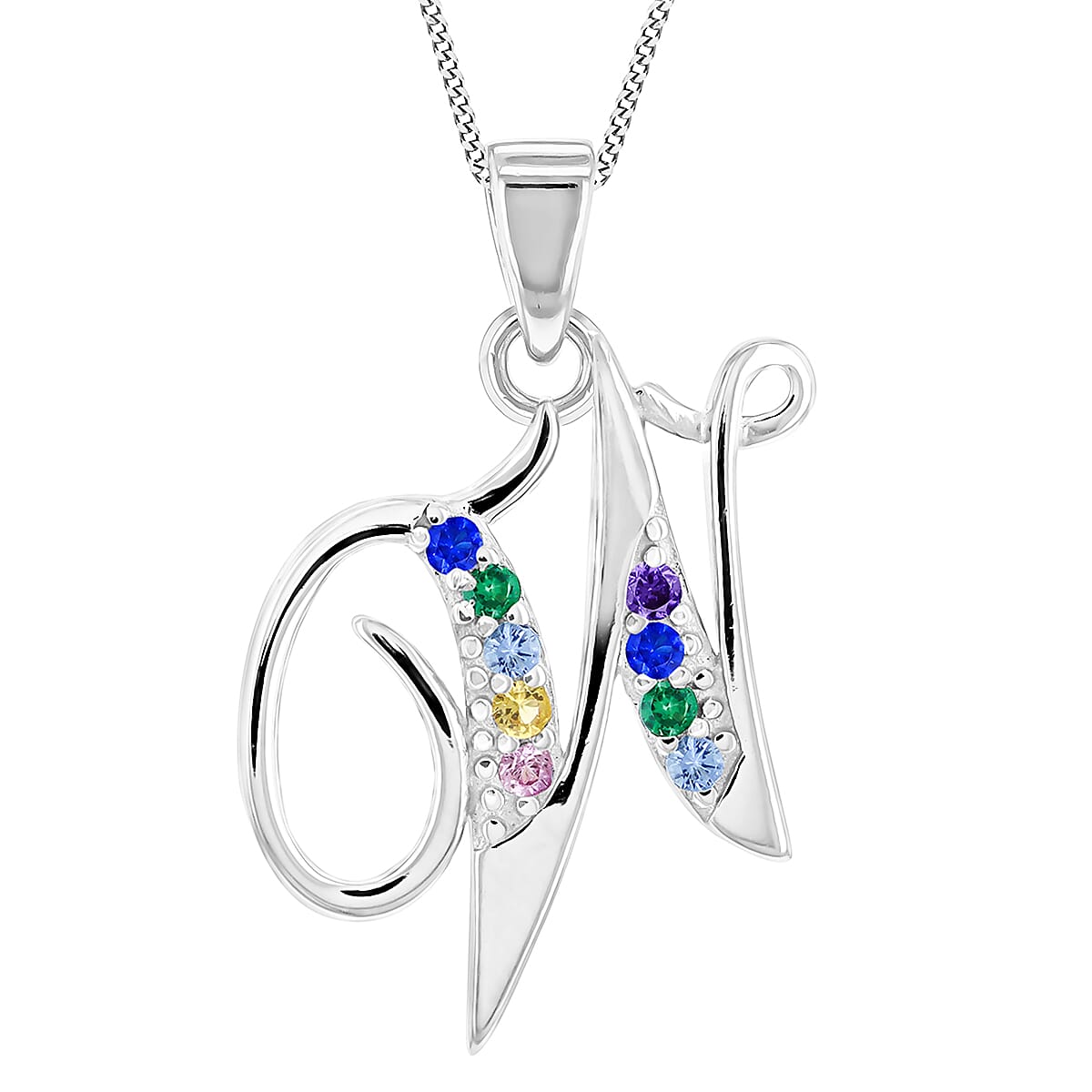 Multi Cubic Zircona Script W Initial Pendant in Sterling Silver