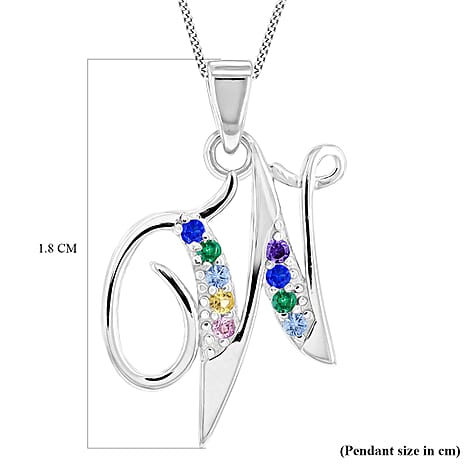 Multi Cubic Zircona Script W Initial Pendant in Sterling Silver