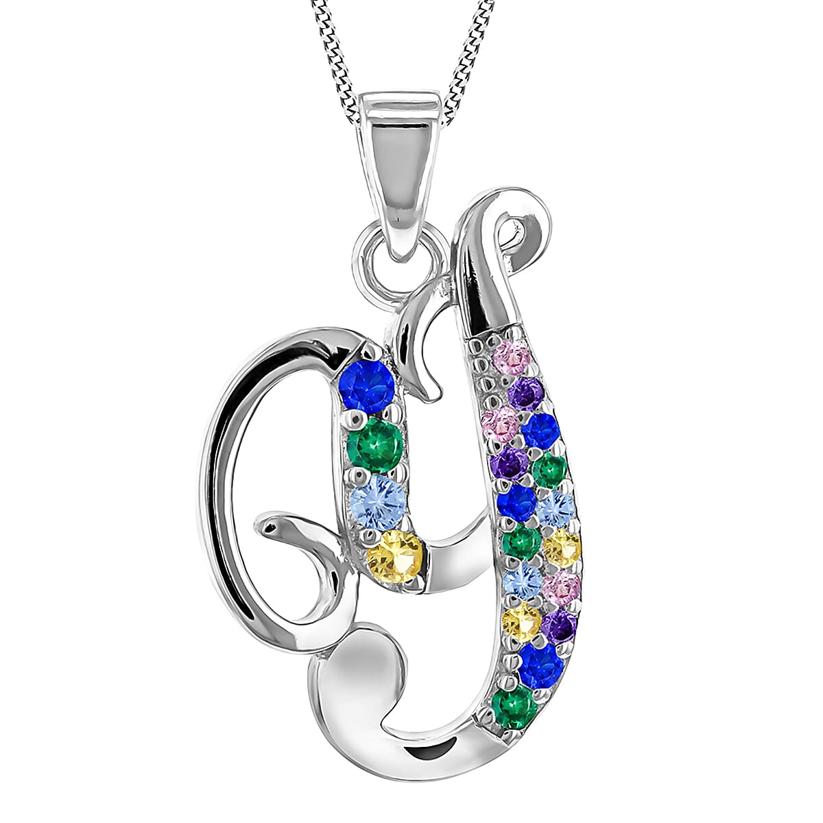 Multi Cubic Zircona Script Y Initial Pendant in Sterling Silver