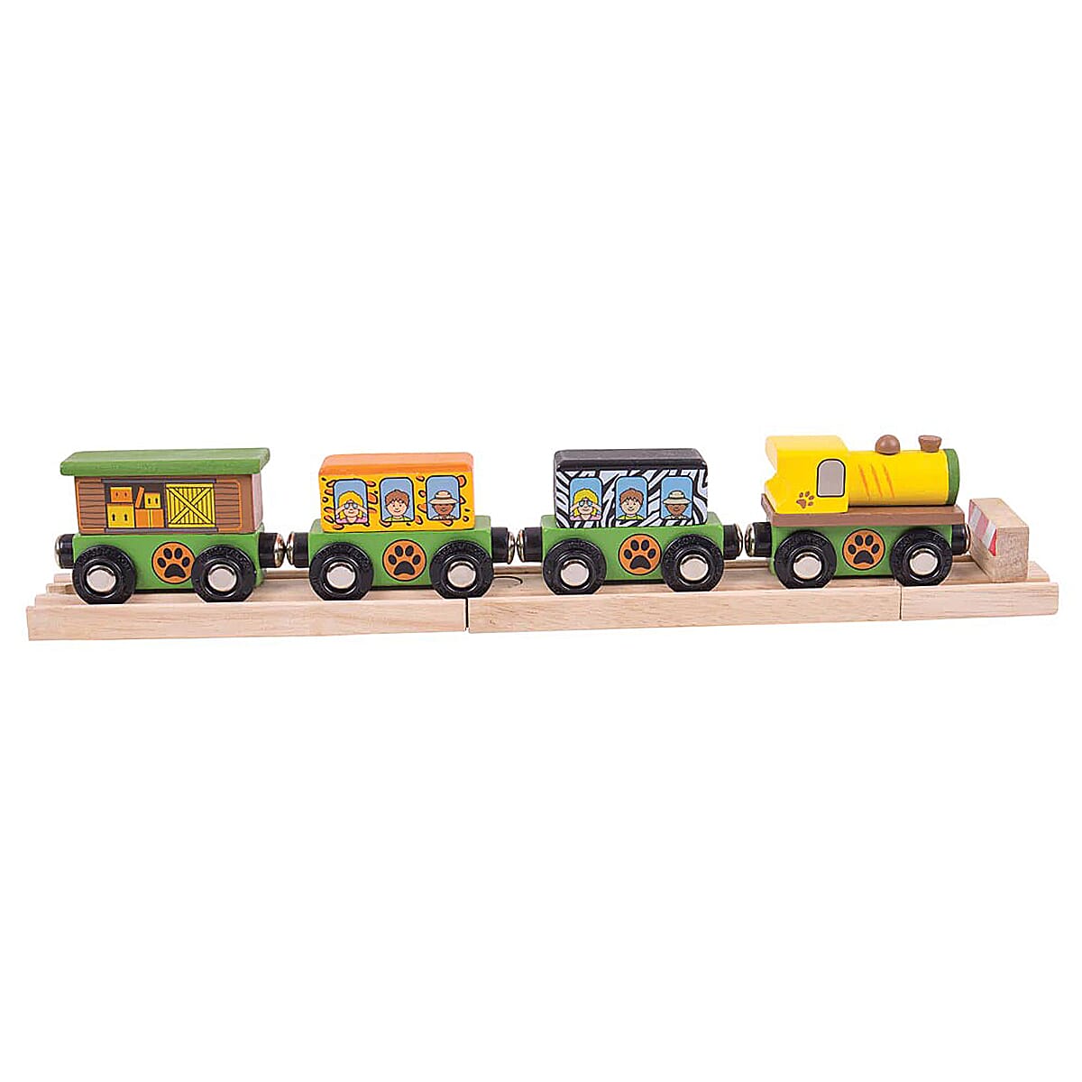 Safari Wooden Train (3 Carriages, 2 Track Pieces - a Buffer) - Multi