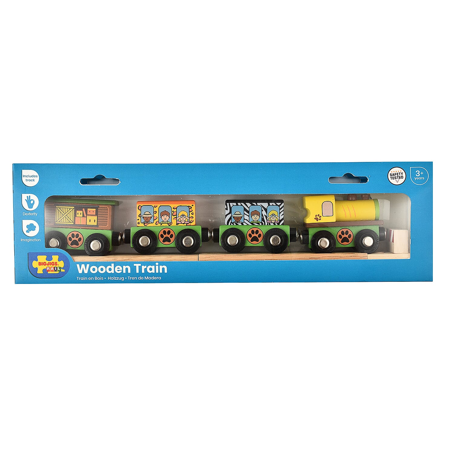 Safari Wooden Train (3 Carriages, 2 Track Pieces - a Buffer) - Multi