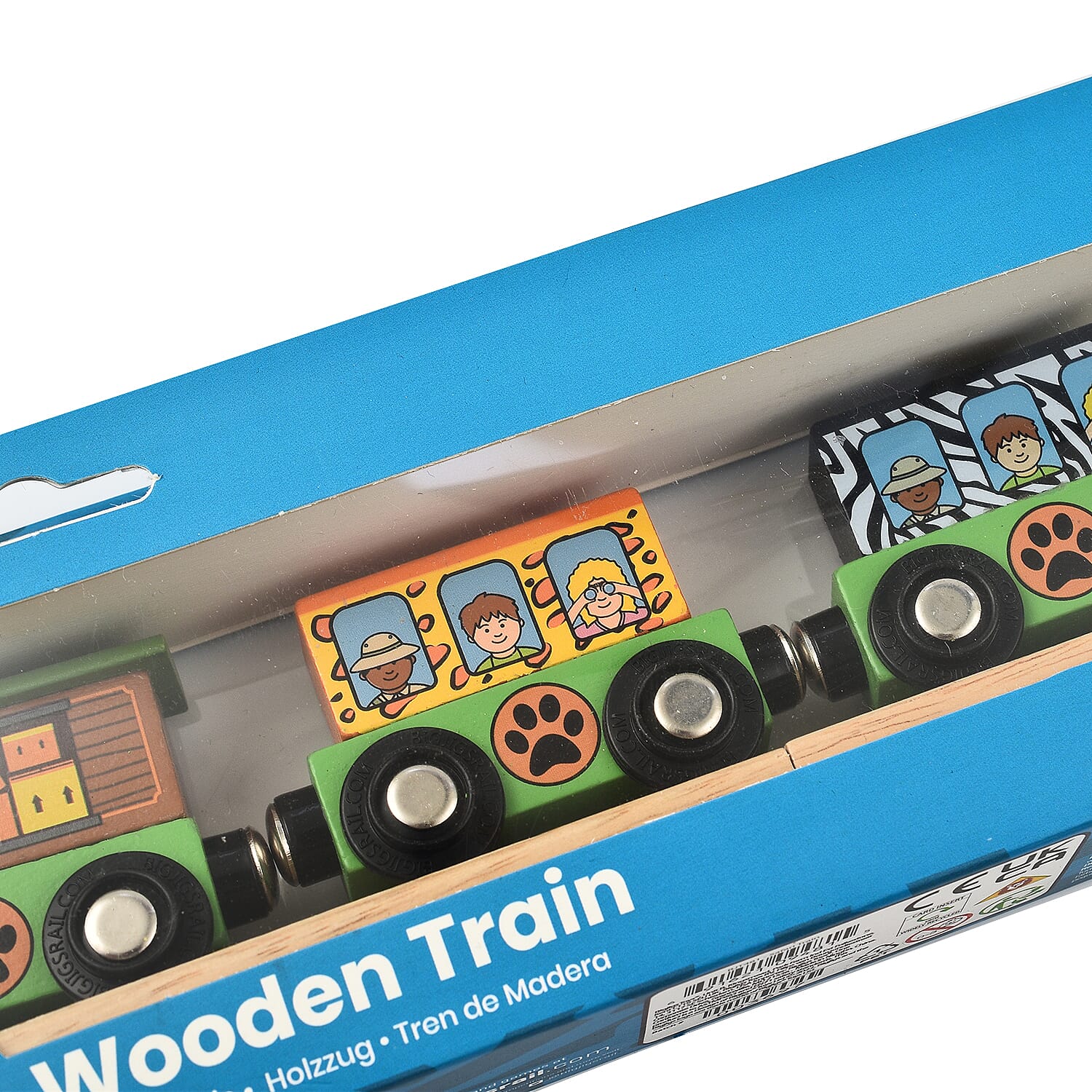 Safari Wooden Train (3 Carriages, 2 Track Pieces - a Buffer) - Multi