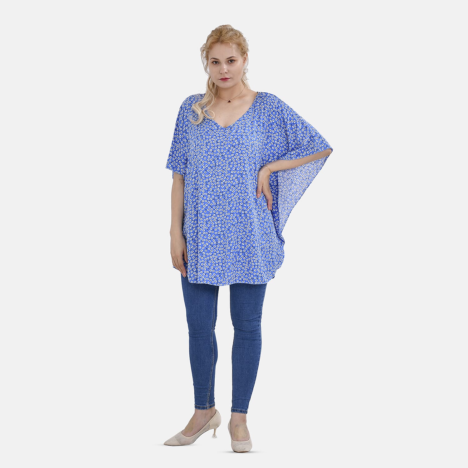 TAMSY 100% Viscose Printed V-Neck Top (One Size) - Blue