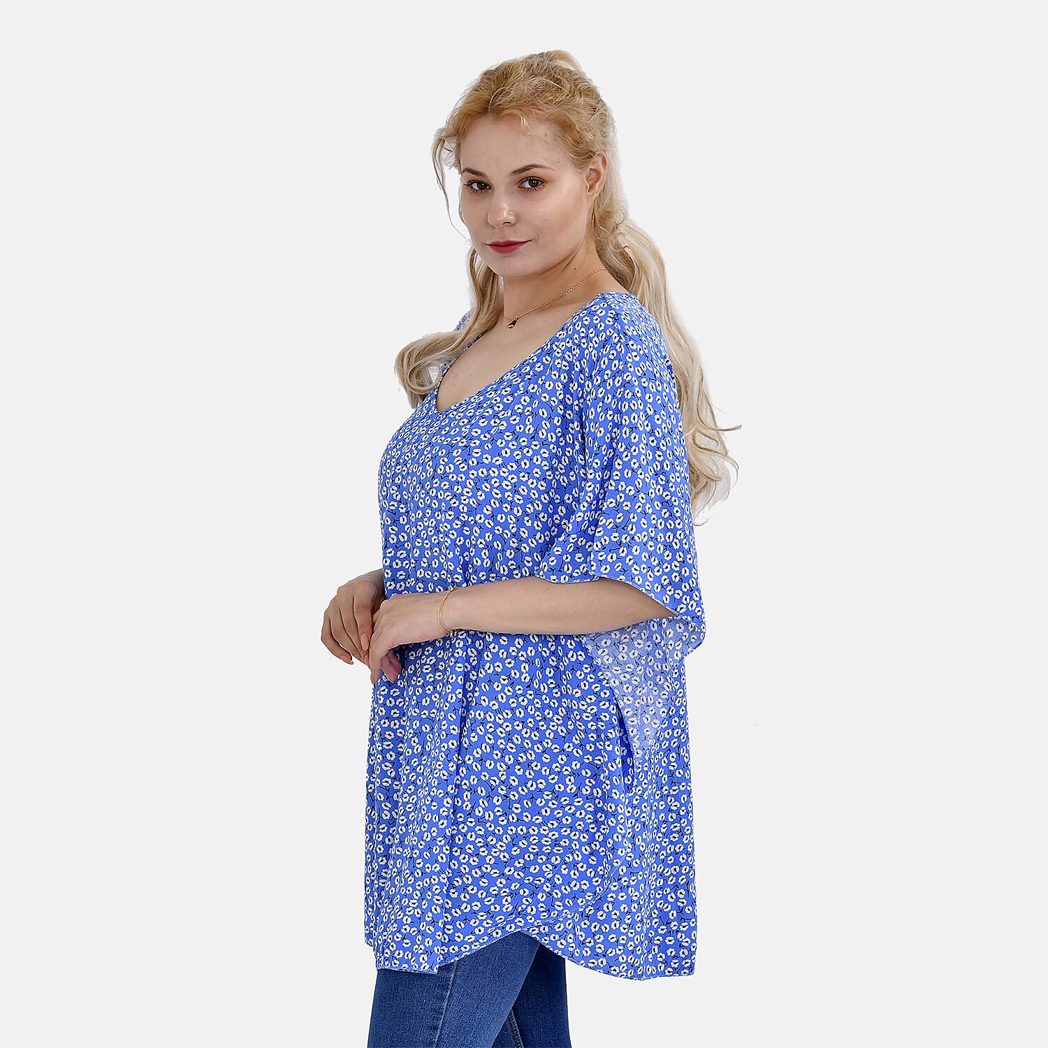TAMSY 100% Viscose Printed V-Neck Top (One Size) - Blue