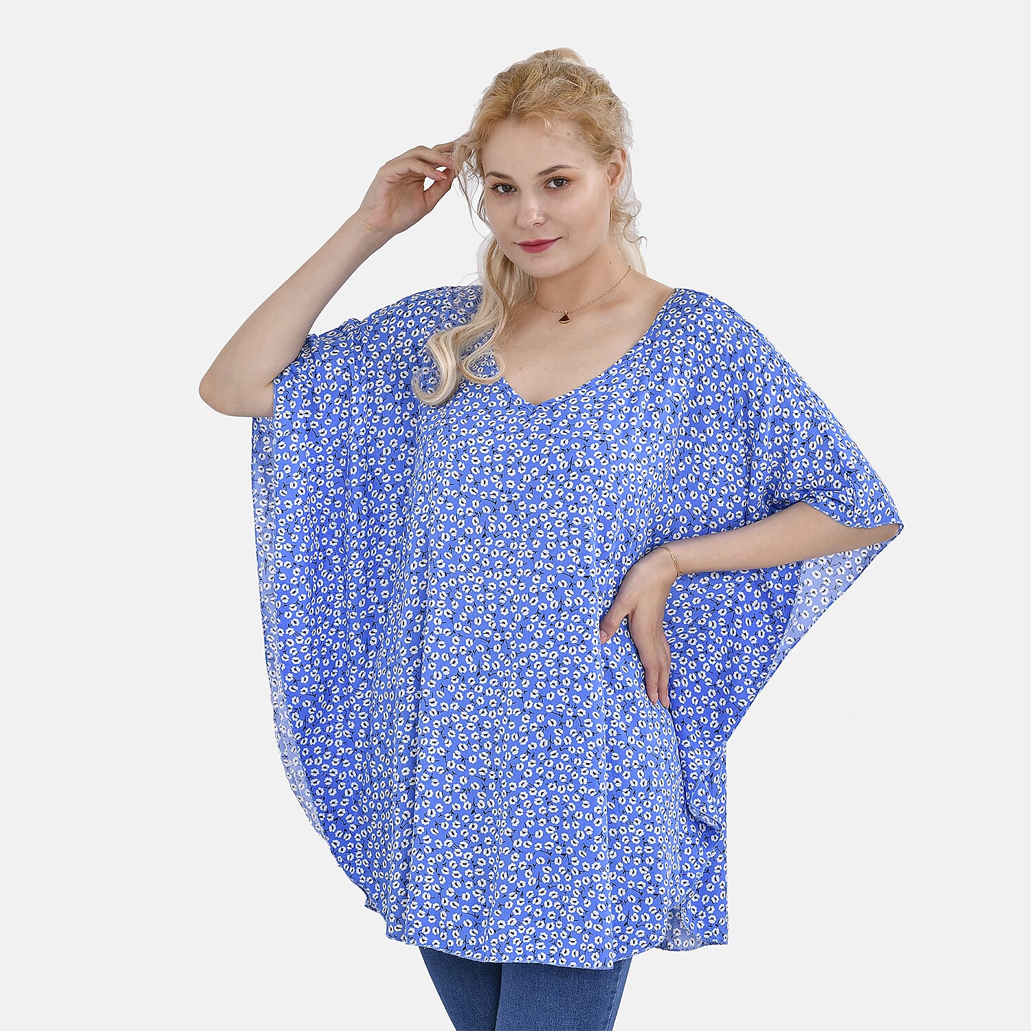 TAMSY 100% Viscose Printed V-Neck Top (One Size) - Blue