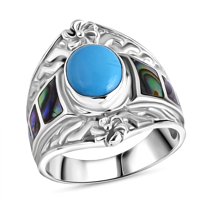 Sleeping Beauty Turquoise & Abalone Shell Ring Sterling Silver 2.17 Ct, Silver Wt. 6.00 Gms.