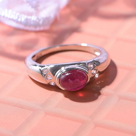 African Ruby & White Zircon Ring in Rhodium Overlay Sterling Silver 1.54 Ct.