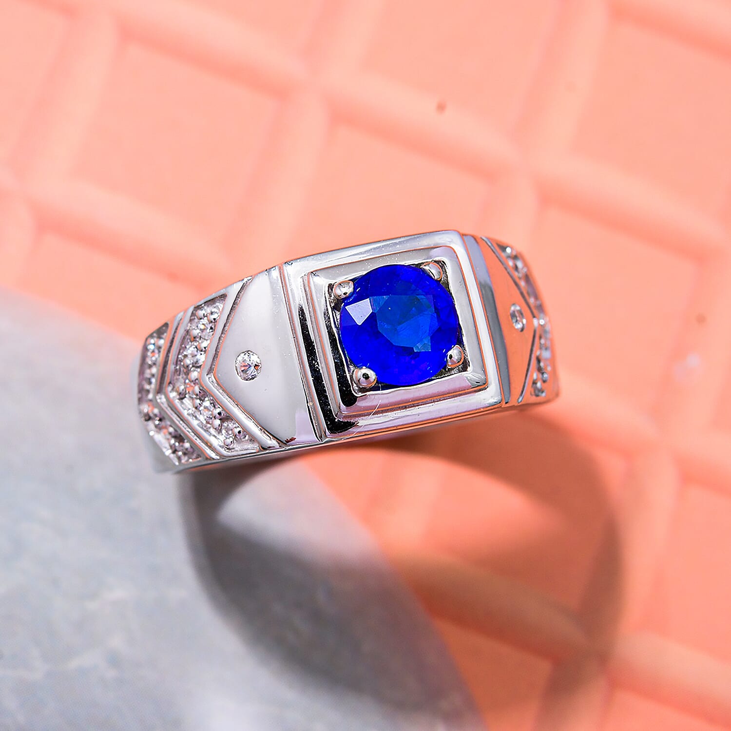 Premium Vietnamese Cobalt Blue Spinel & White Zircon Ring in Rhodium Overlay Sterling Silver 1.48 Ct.