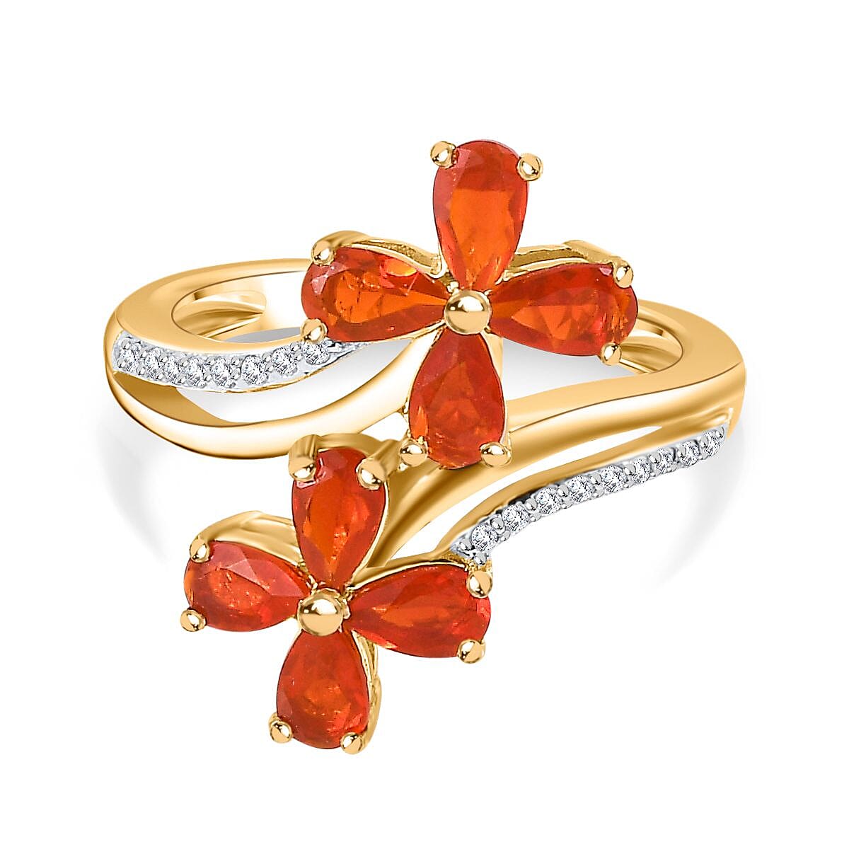 Salamanca Fire Opal & Natural Zircon Twin Flowers Ring in 18K Gold Vermeil Sterling Silver 1.25 Ct.