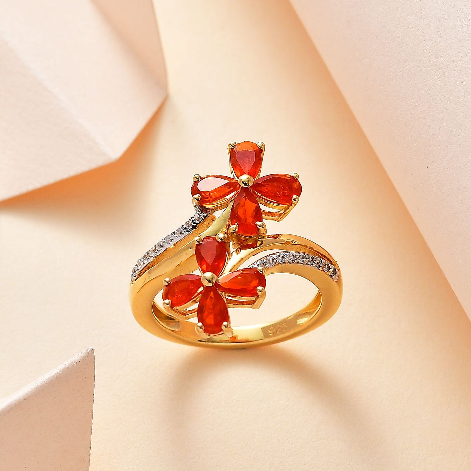 Salamanca Fire Opal & Natural Zircon Twin Flowers Ring in 18K Gold Vermeil Sterling Silver 1.25 Ct.