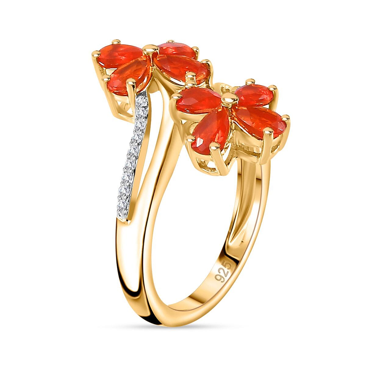 Salamanca Fire Opal & Natural Zircon Twin Flowers Ring in 18K Gold Vermeil Sterling Silver 1.25 Ct.