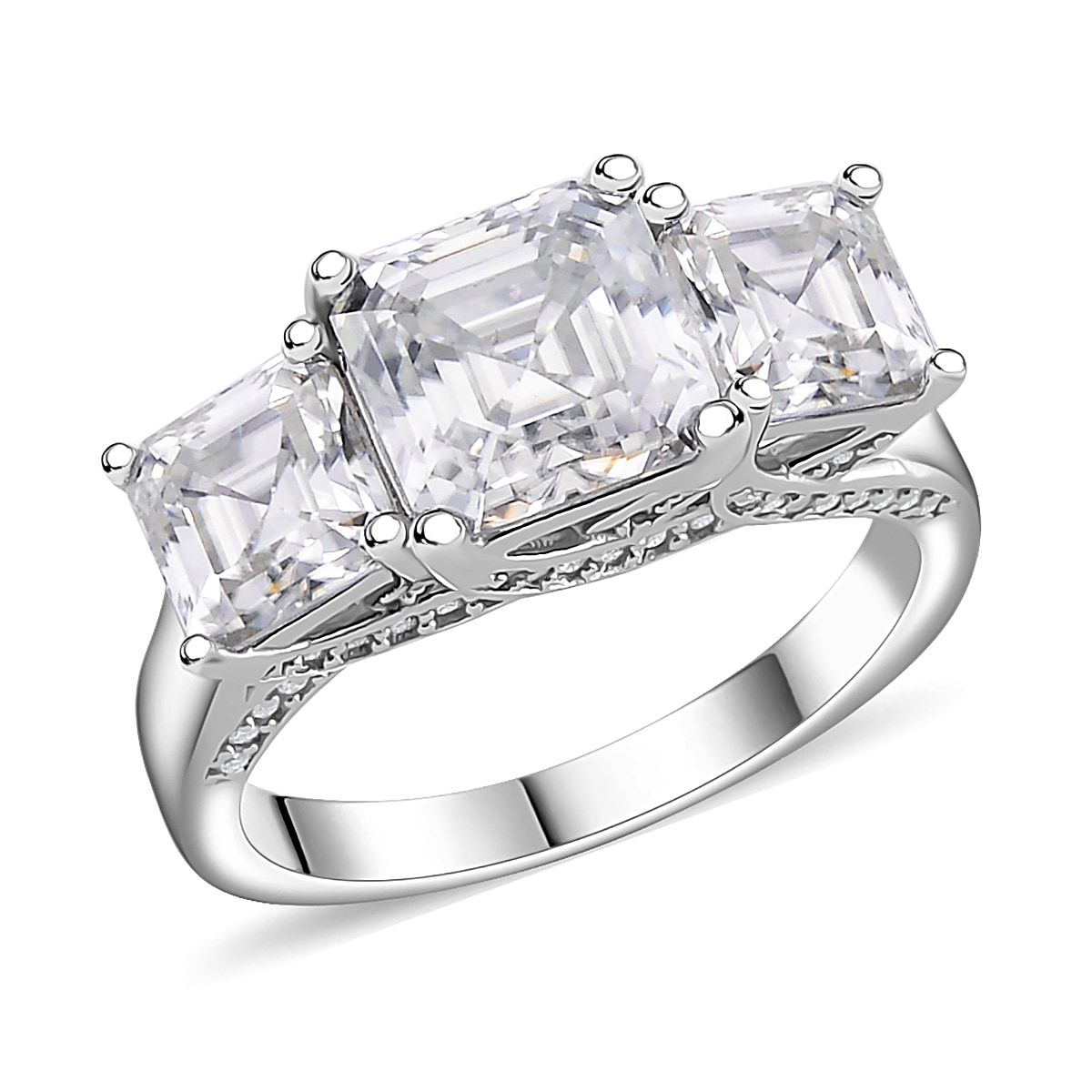 White Moissanite 3-Stone Trilogy Ring in Platinum Overlay Sterling Silver 4.82 ct  4.820  Ct.