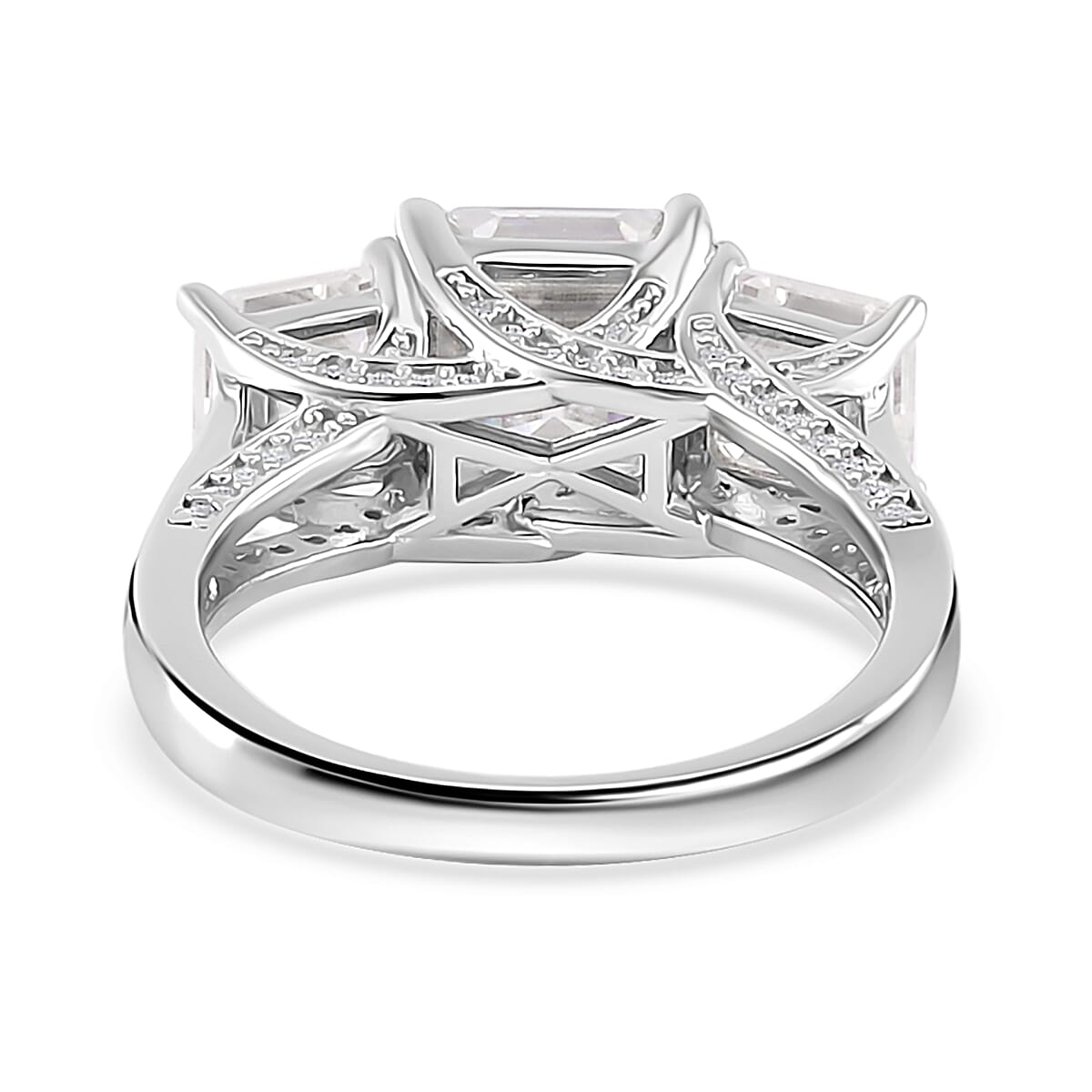 Moissanite (Asscher Cut) Trilogy Ring in Platinum Overlay Sterling Silver 4.82 Ct Moissanite (Asscher Cut) Trilogy Ring in Platinum Overlay Sterling Silver 4.82 Ct