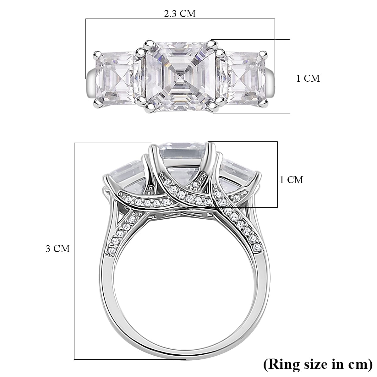 Moissanite (Asscher Cut) Trilogy Ring in Platinum Overlay Sterling Silver 4.82 Ct Moissanite (Asscher Cut) Trilogy Ring in Platinum Overlay Sterling Silver 4.82 Ct