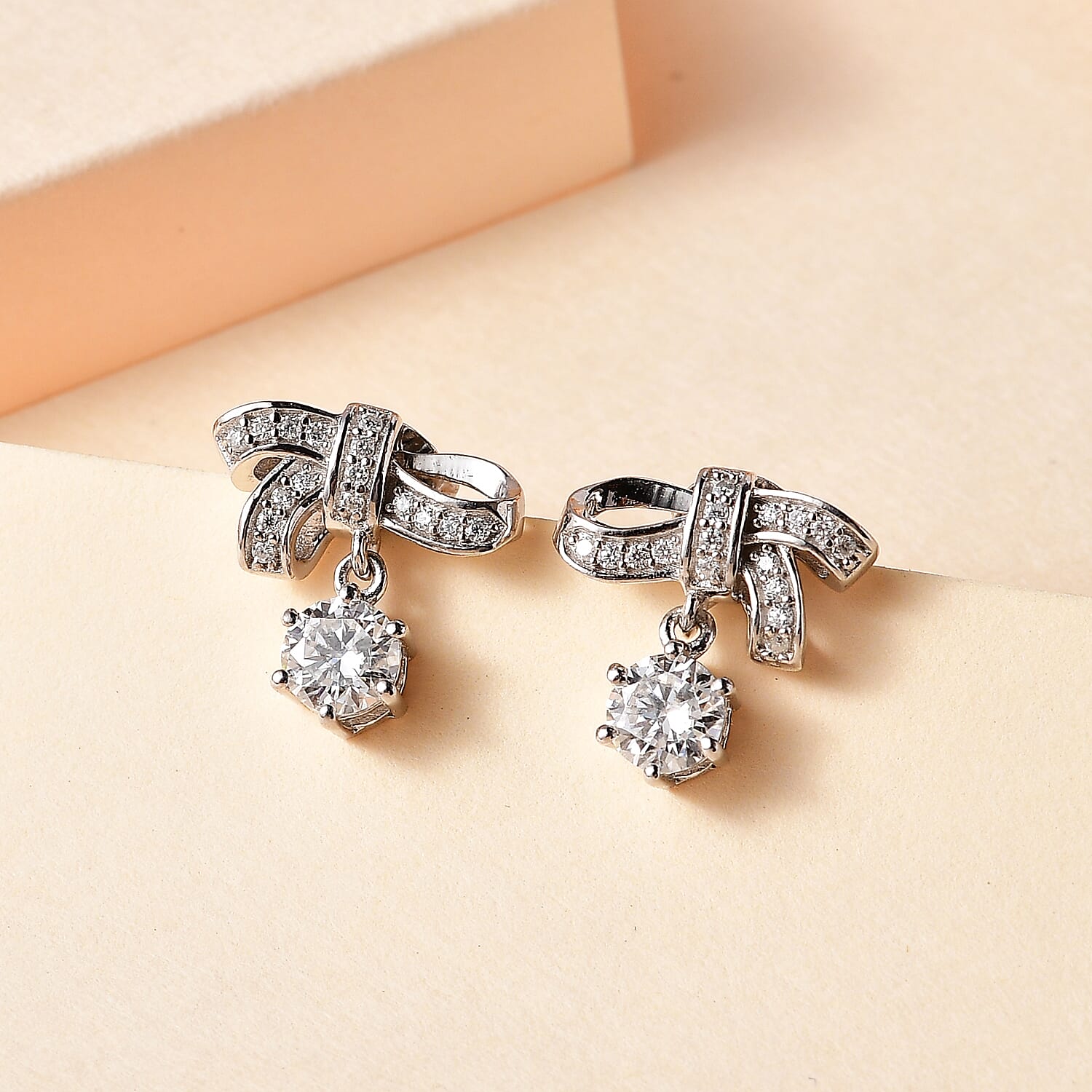 Moissanite Bowknot Earrings in Platinum Overlay Sterling Silver 1.15 Ct.