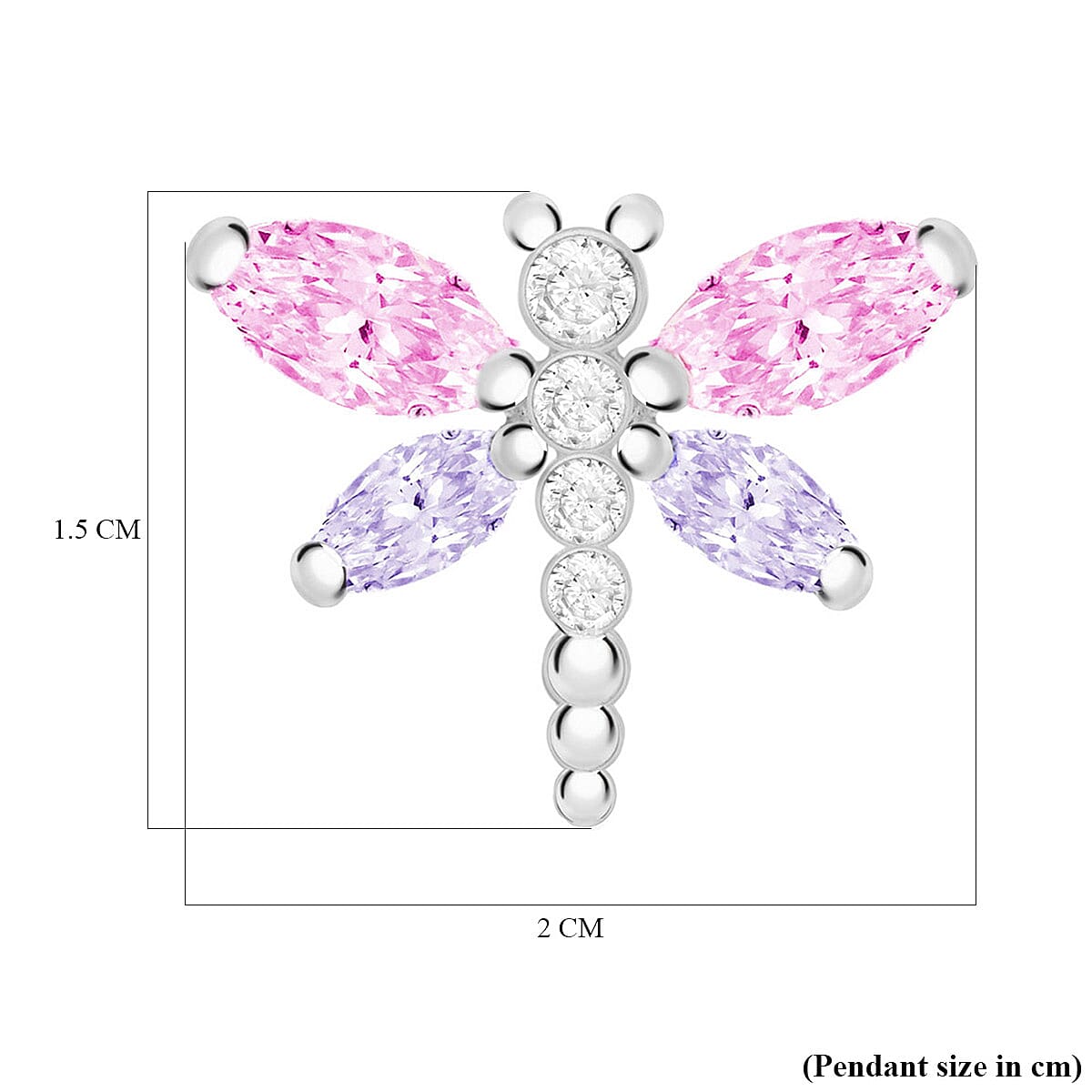 White, Pink & Purple Zirconia Dragonfly Pendant in Sterling Silver