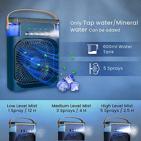Portable Air Cooler Mist Fan Humidifier With Night Light and 600ML Capacity - Blue