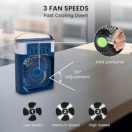 Portable Air Cooler Mist Fan Humidifier With Night Light and 600ML Capacity - Blue