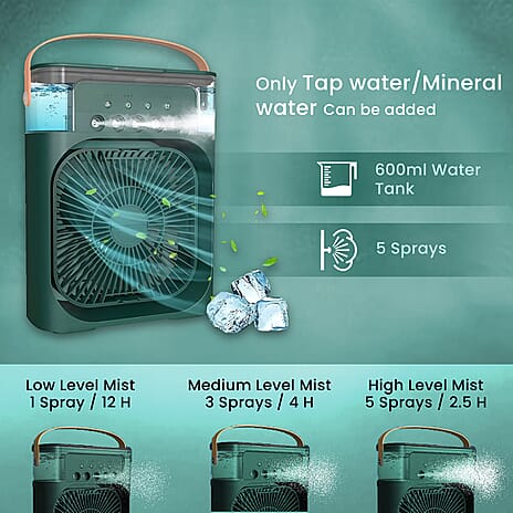 Portable Air Cooler Mist Fan Humidifier With Night Light and 600ML Capacity - Green