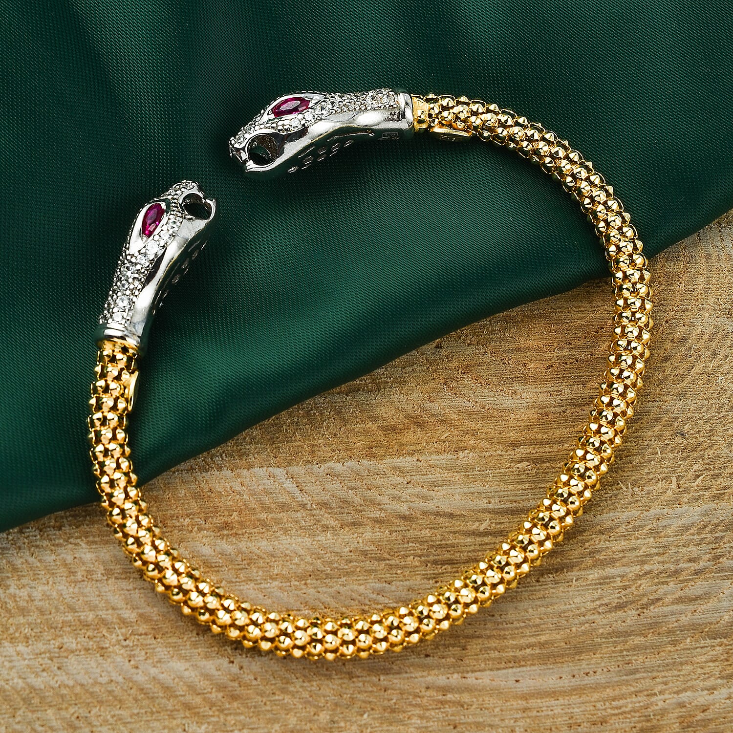 Designer Inspired - Double Python Head Popcorn Bangle in Yellow Gold Overlay Sterling Silver
