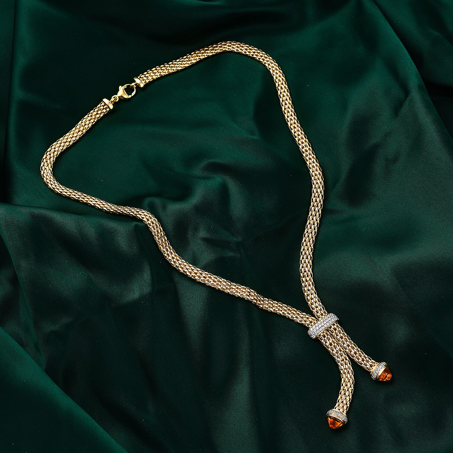 Designer Inspired - Citrine & White Cubic Zirconia Popcorn Lariet Necklace in Yellow Gold Overlay Sterling Silver (Size 17)