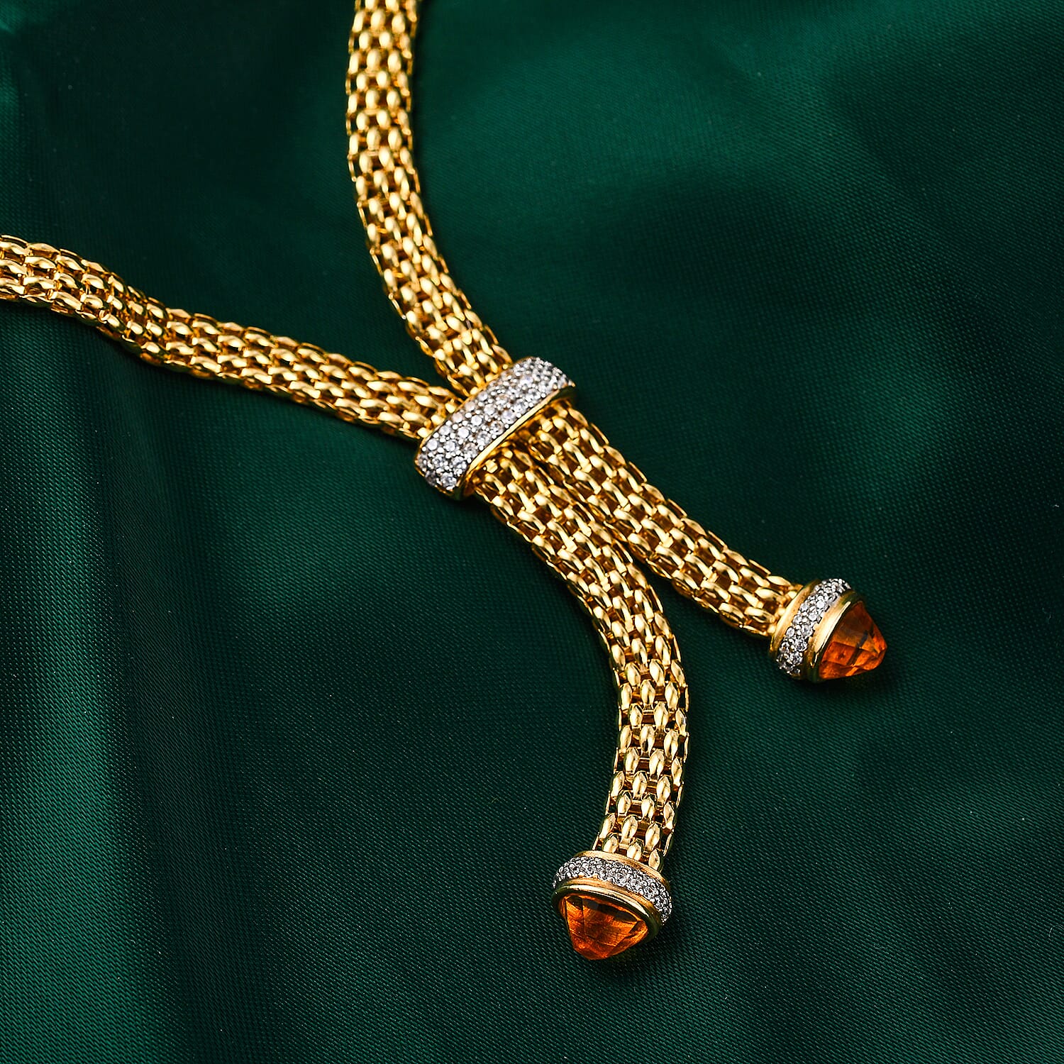 Designer Inspired - Citrine & White Cubic Zirconia Popcorn Lariet Necklace in Yellow Gold Overlay Sterling Silver (Size 17)