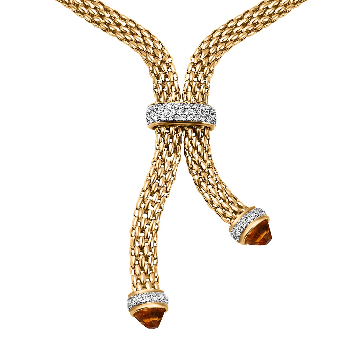 Designer Inspired - Citrine & White Cubic Zirconia Popcorn Lariet Necklace in Yellow Gold Overlay Sterling Silver (Size 17)